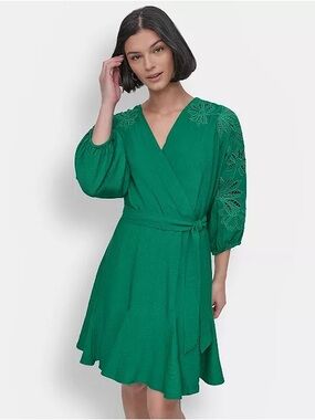 DKNY Emerald Green Faux-WrapV-Neck Tie-Waist Mini Dress Embroidered Sleeves 14